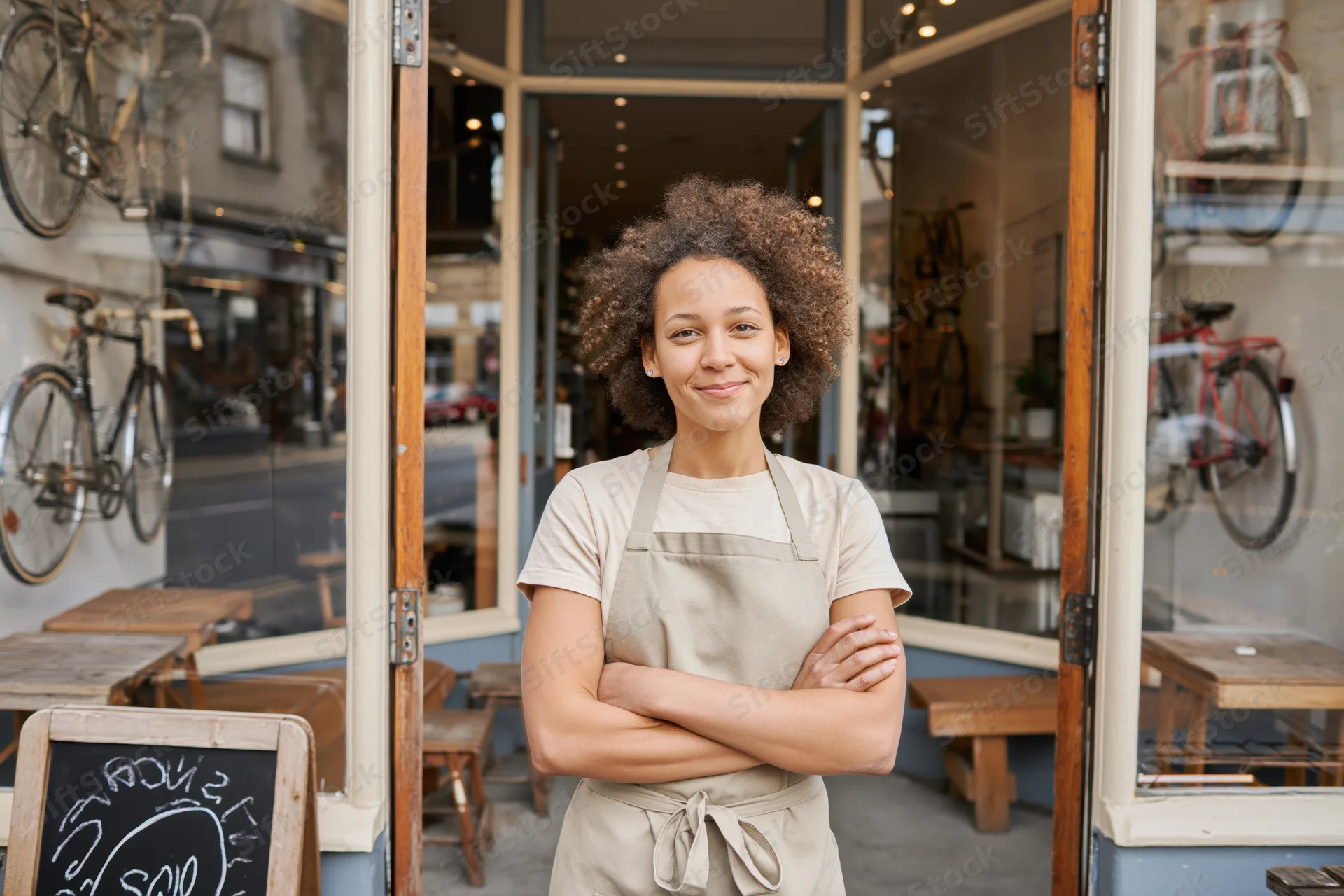 Woman in beige apron standing with arms crossed at entrance of bicycle shop