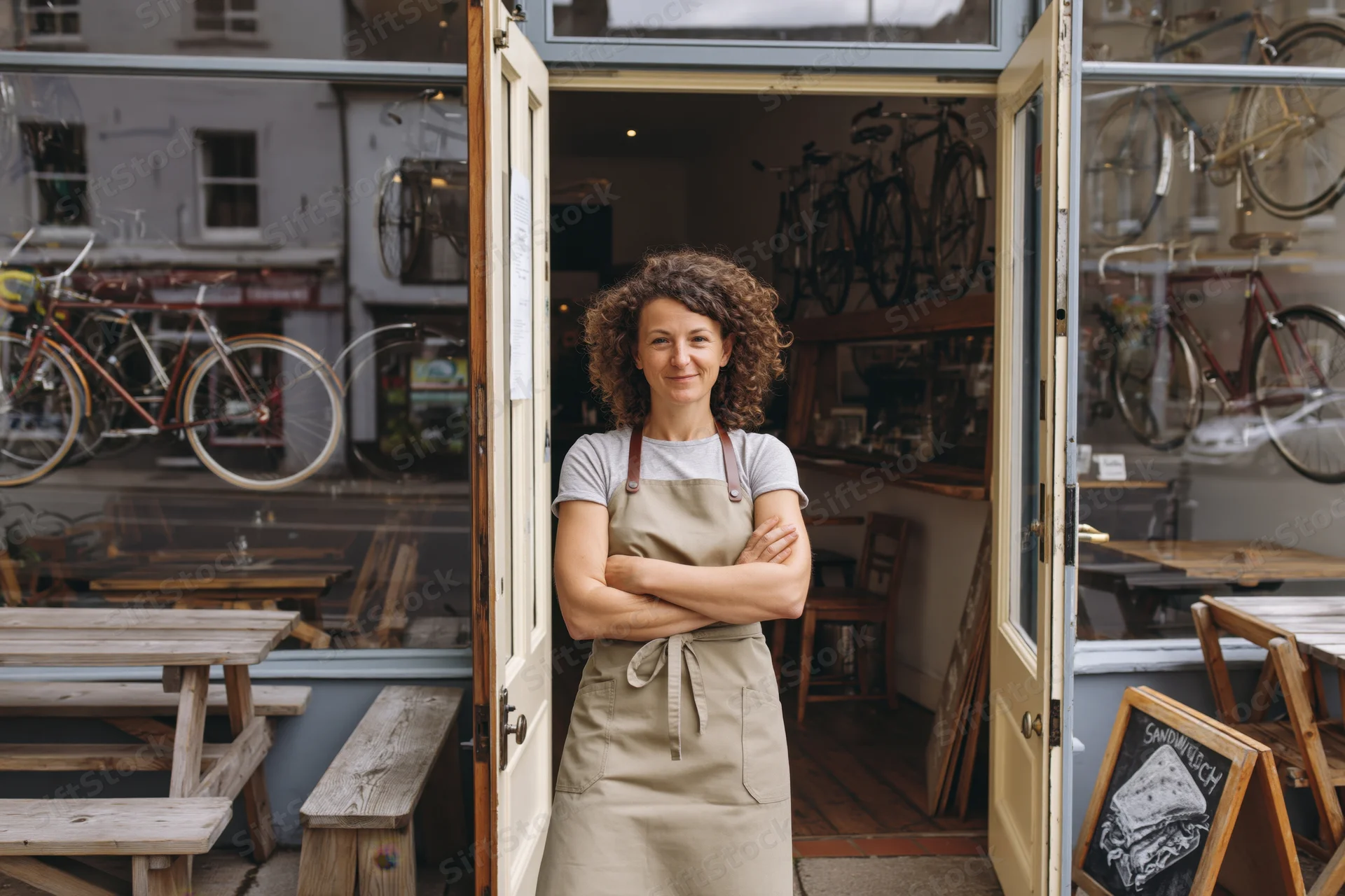 Woman in beige apron standing with arms crossed at open cafe door with bicycles and wooden tables visible inside and outside