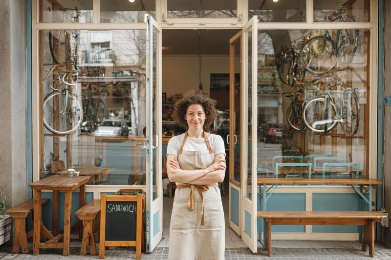 Woman in beige apron standing with arms crossed at open cafe entrance with bicycles visible through glass doors