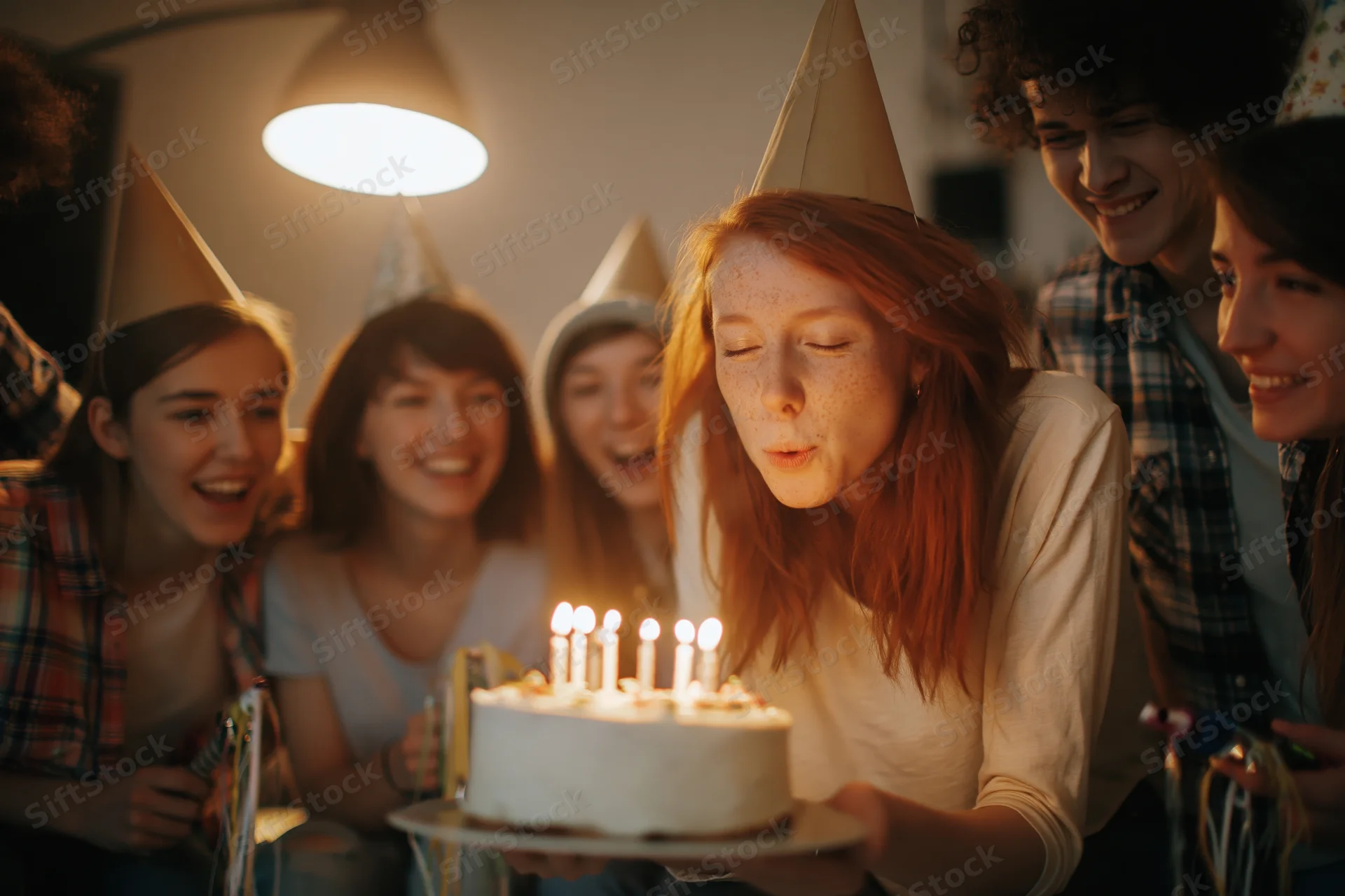 Young woman with red hair blowing out candles on birthday cake surrounded by friends at home party