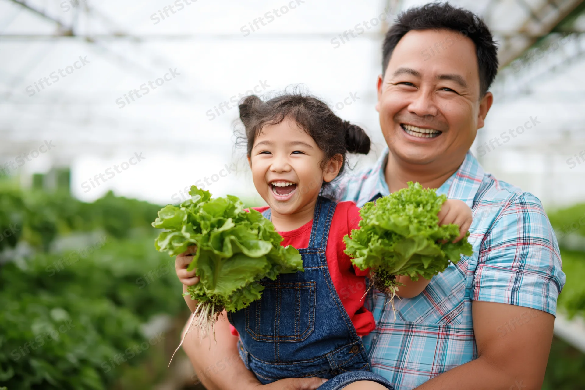 Asian father carrying young daughter on hip inside greenhouse holding fresh lettuce harvest