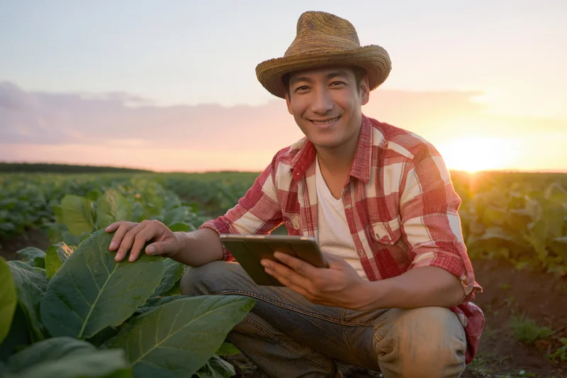 Asian farmer crouching in tobacco field holding tablet and touching leaf at sunset