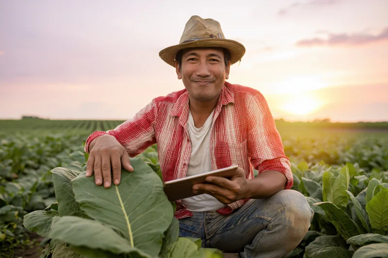 Asian farmer crouching in tobacco field holding tablet and touching plant leaf at sunset