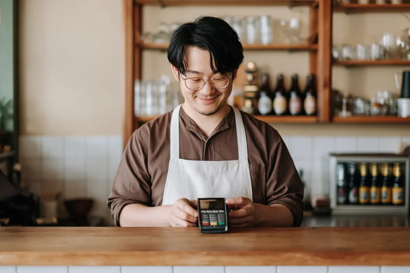 Asian male barista smiling while processing payment at wooden cafe counter