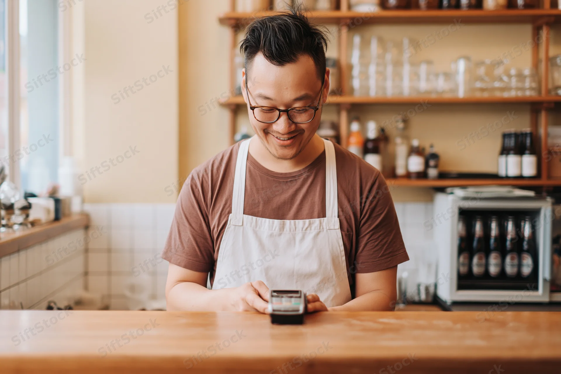 Asian male barista in glasses smiling while processing payment at wooden cafe counter