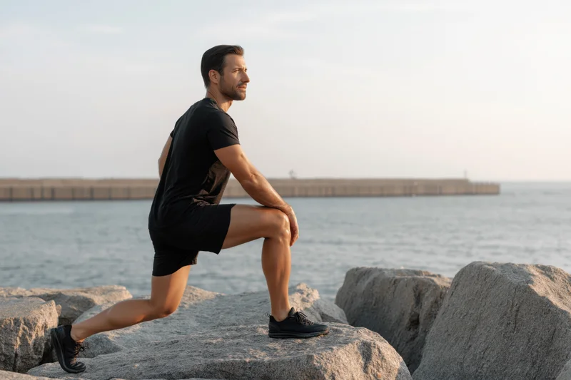 Athletic man performing a deep lunge stretch on coastal rocks by the ocean