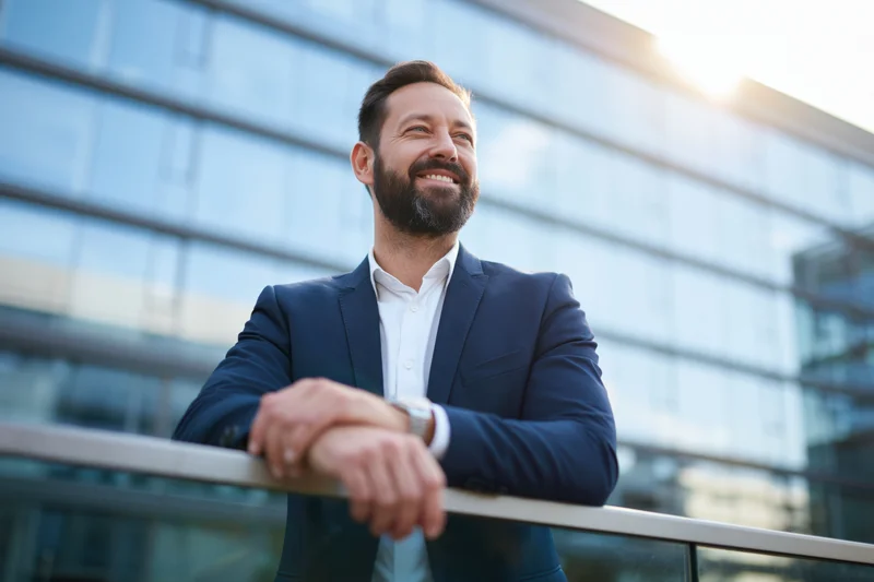 Bearded businessman in suit leaning on glass railing outside modern office building, smiling toward sunlight