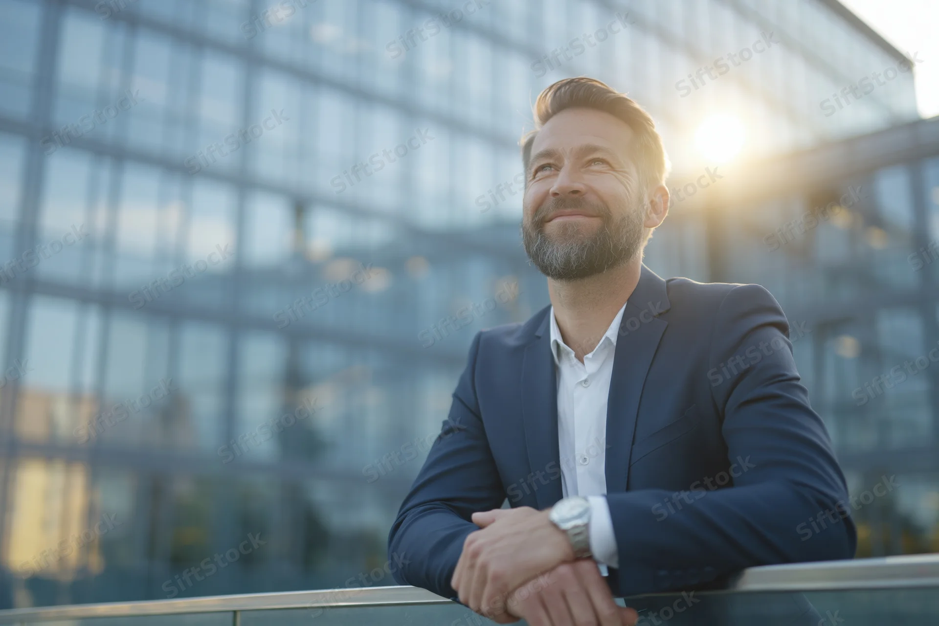 Bearded businessman in suit leaning on glass railing outside modern office building at sunset