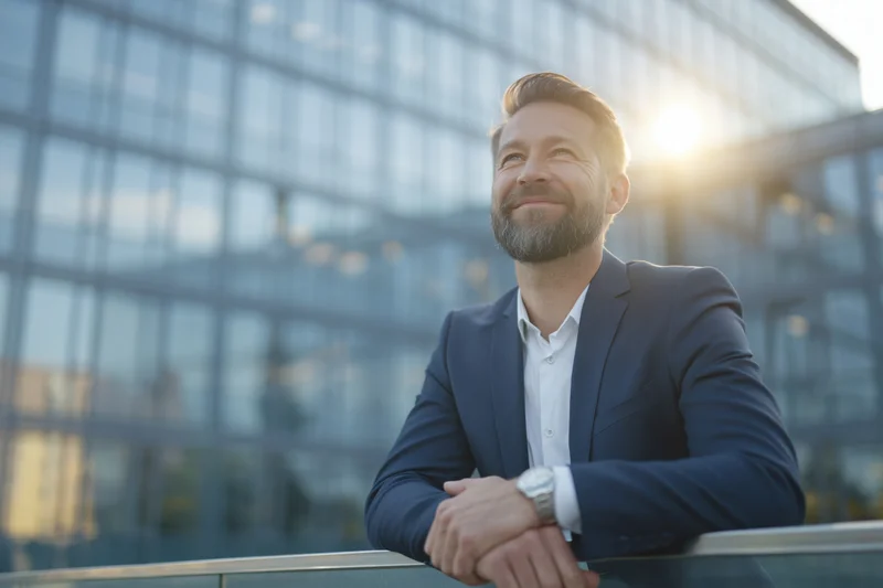 Bearded businessman in suit leaning on glass railing outside modern office building at sunset
