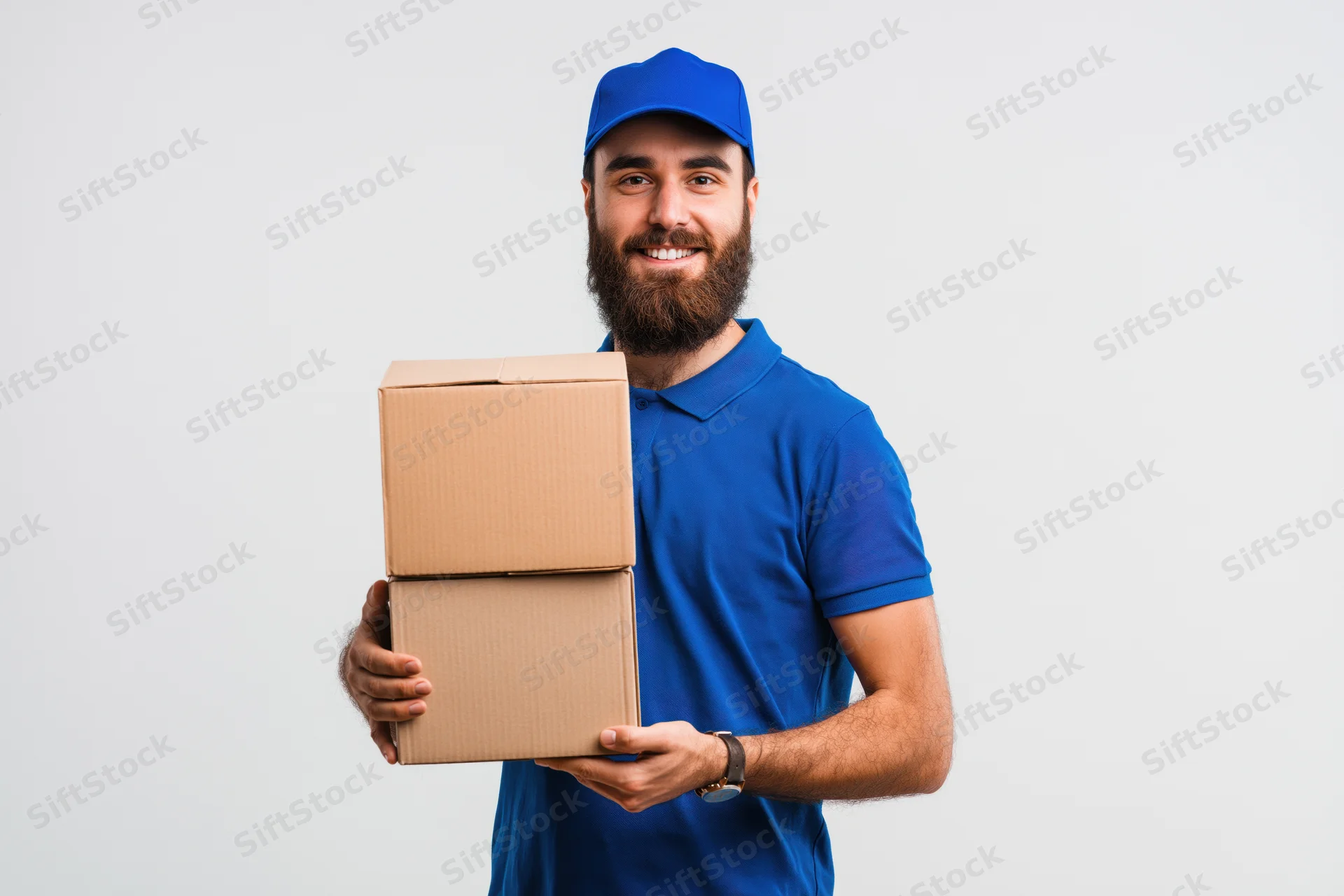Bearded delivery man in blue uniform smiling while holding stack of cardboard boxes against white background