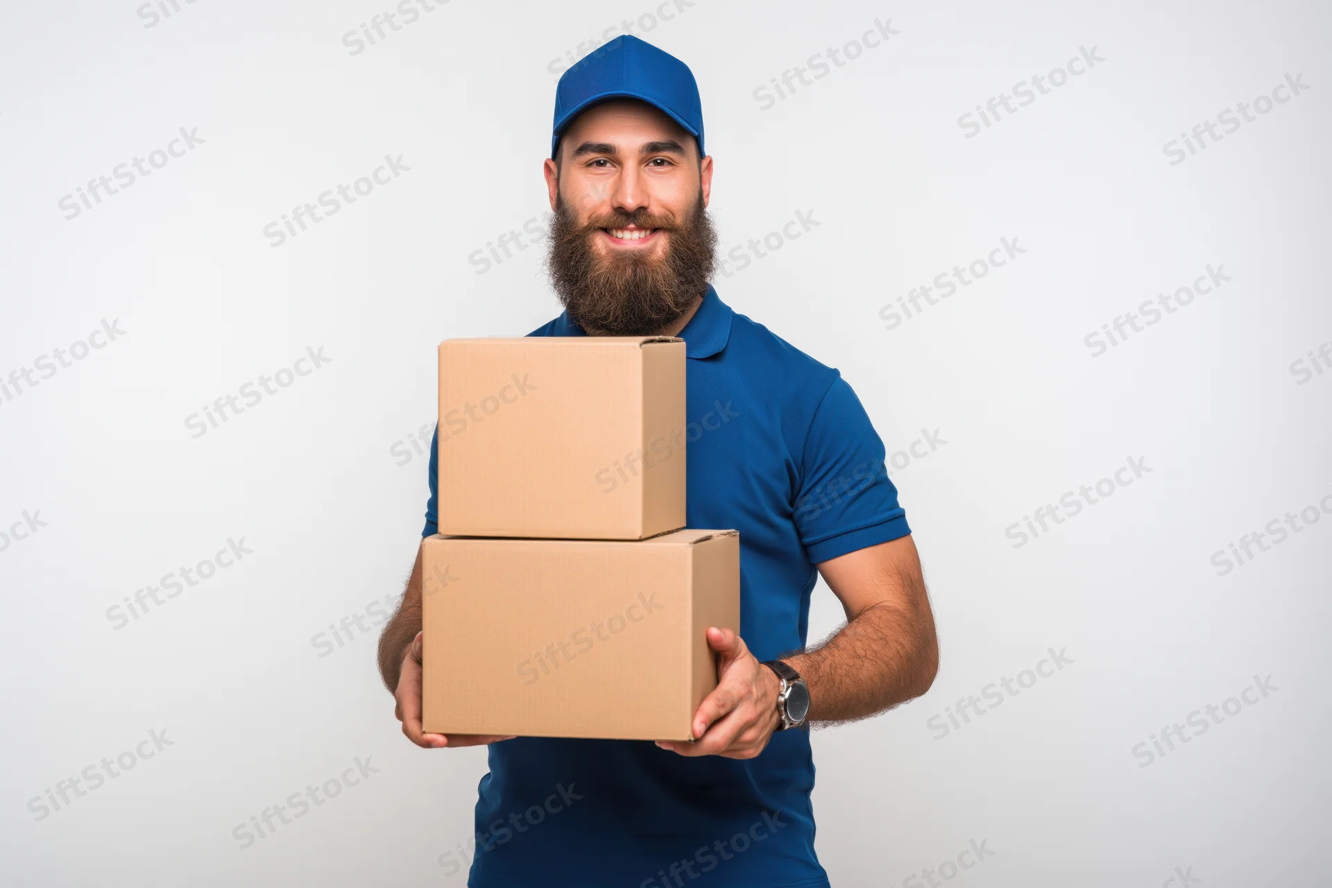 Bearded delivery man in blue uniform smiling while holding stacked cardboard boxes against white background