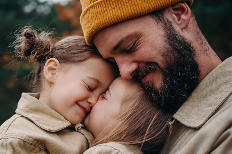 Bearded father hugging his young daughter close in an autumn forest