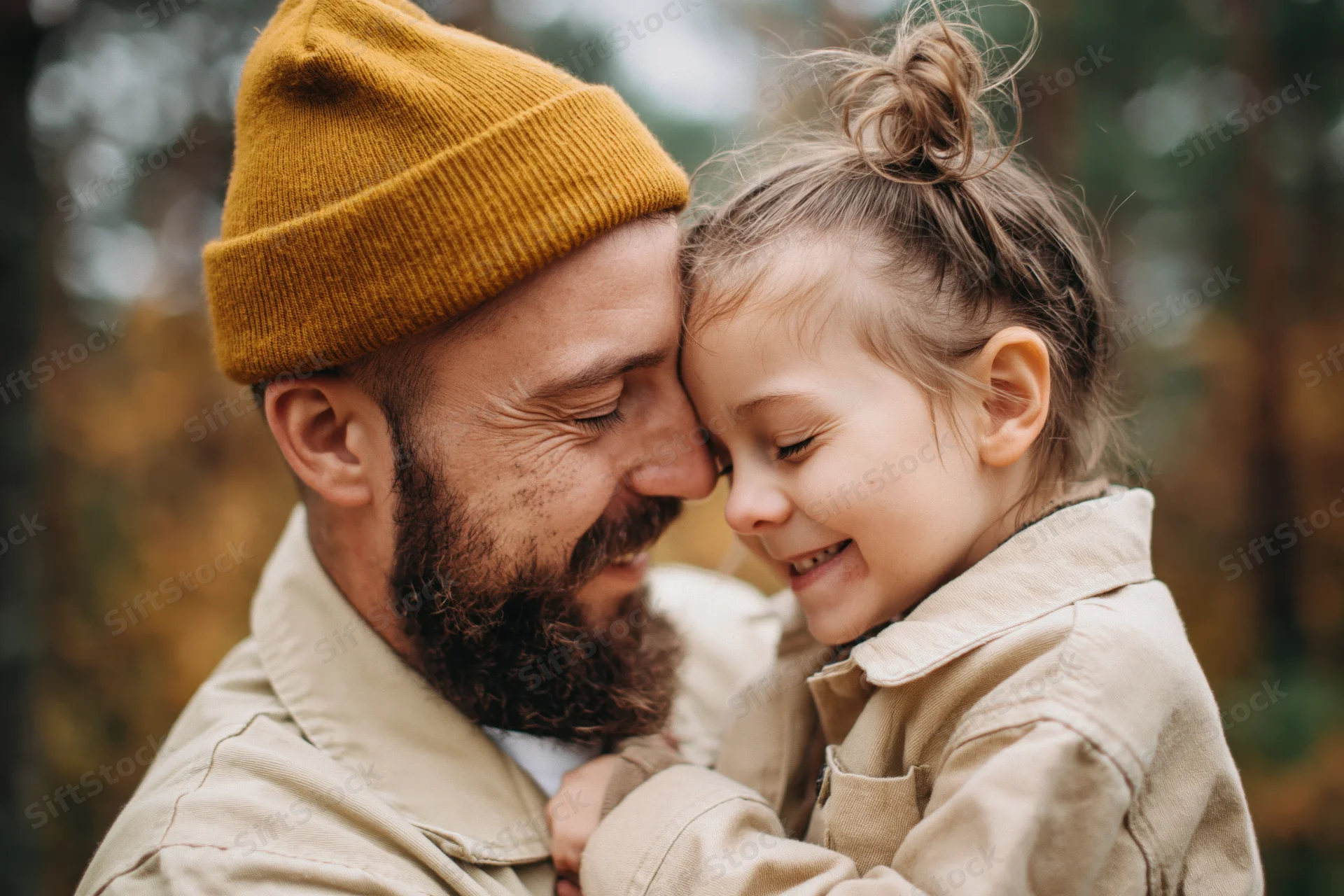 Bearded father in mustard-yellow beanie hugging his young daughter in a forest during autumn