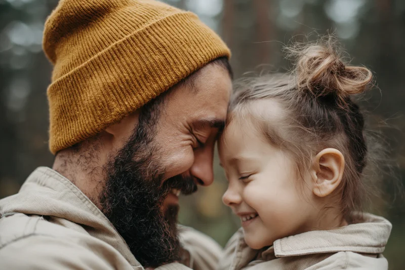 Bearded father and young daughter touching foreheads and smiling in a forest
