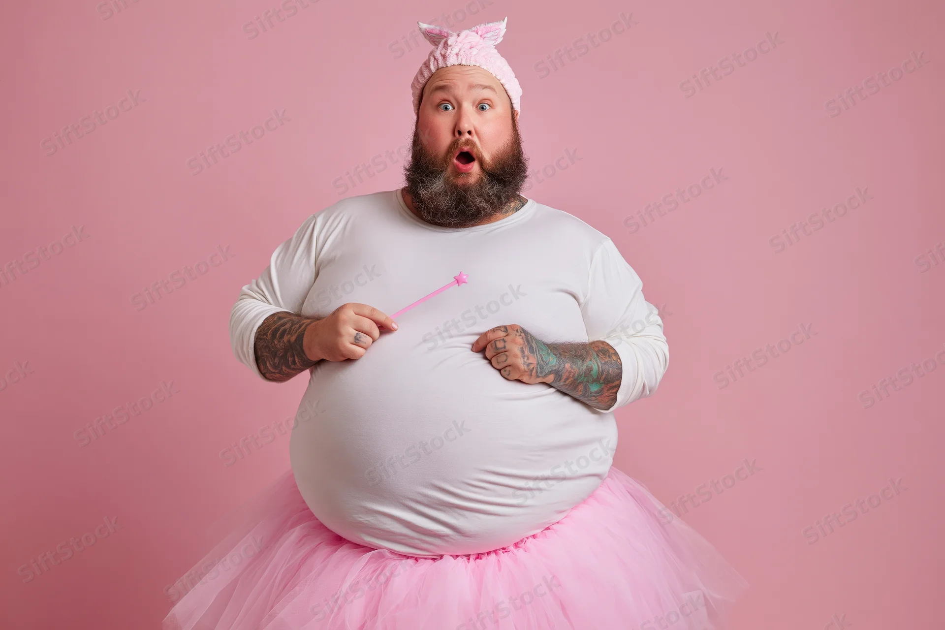 Bearded heavyset man in fairy godmother costume with pink tutu and wand, surprised expression against pink background