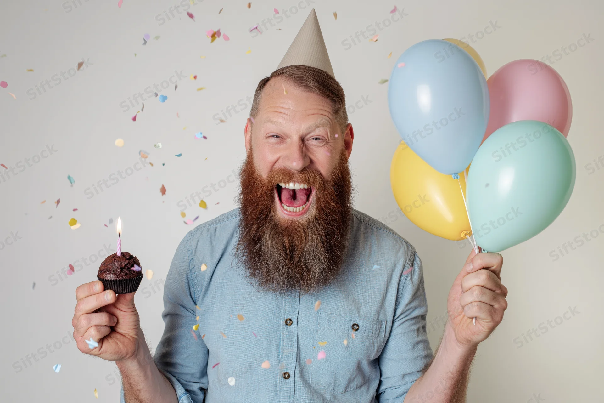 Bearded man laughing with mouth open holding cupcake and balloons at birthday party