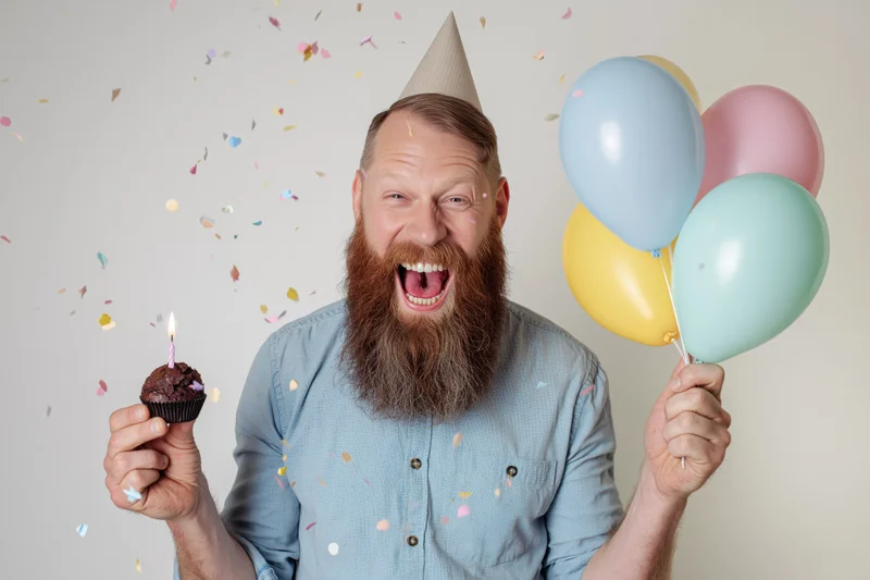 Bearded man laughing with mouth open holding cupcake and balloons at birthday party
