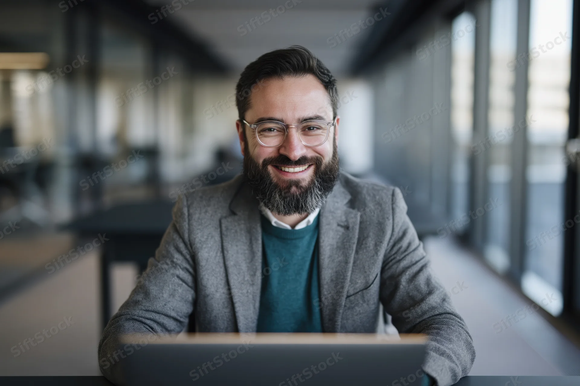 Bearded man in his thirties smiling at the camera while working at a laptop in an office setting