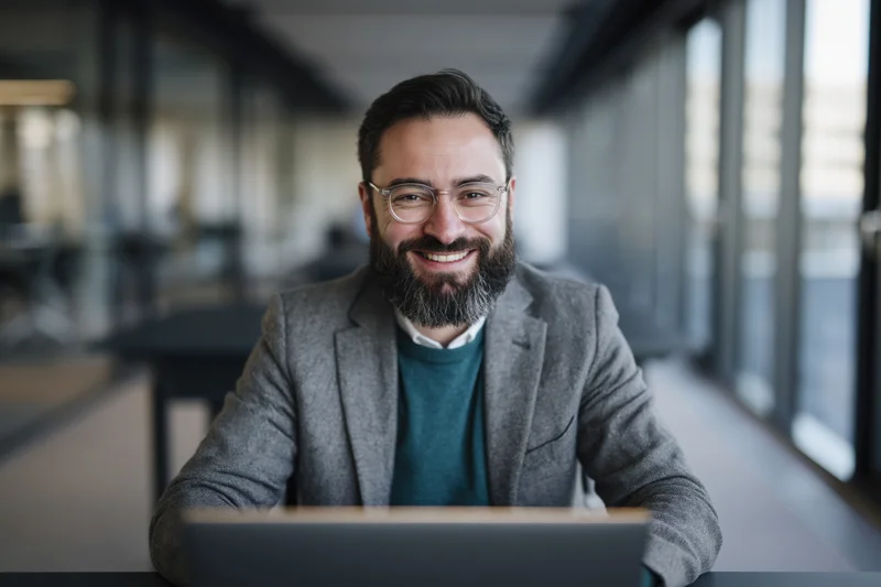 Bearded man in his thirties smiling at the camera while working at a laptop in an office setting