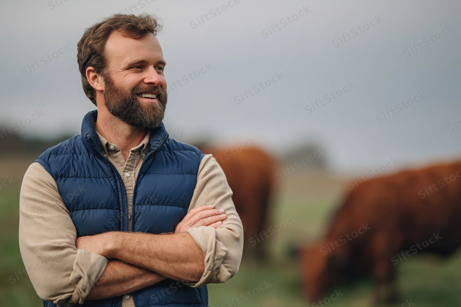 Bearded man with arms crossed smiling in a cattle pasture
