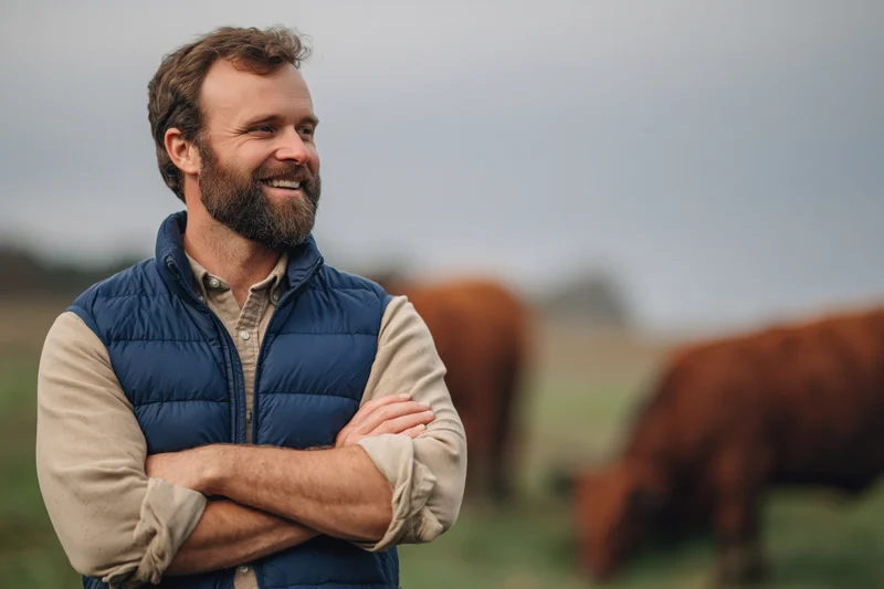 Bearded man with arms crossed smiling in a cattle pasture