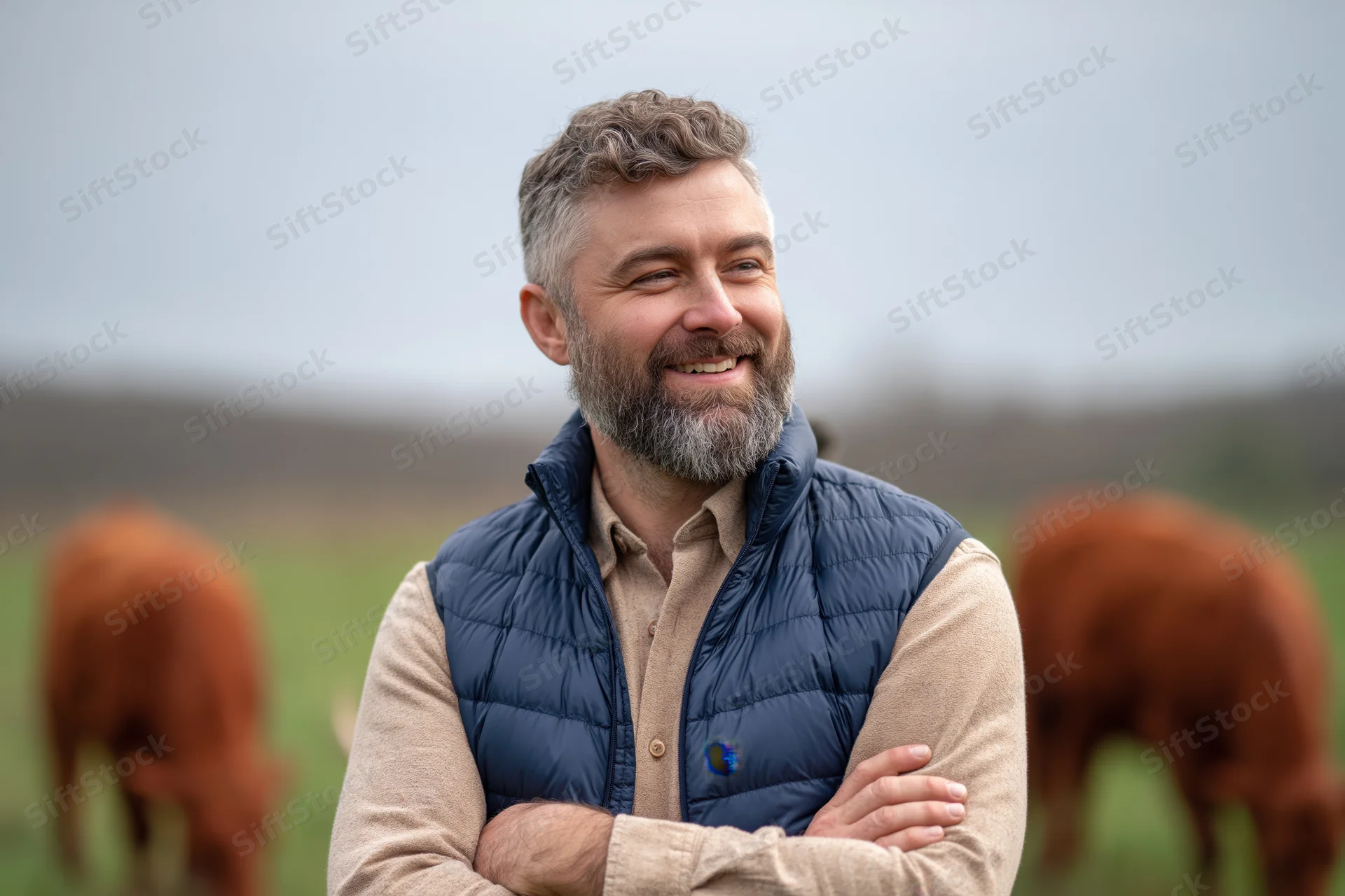 Bearded man with arms crossed smiling in a cattle pasture