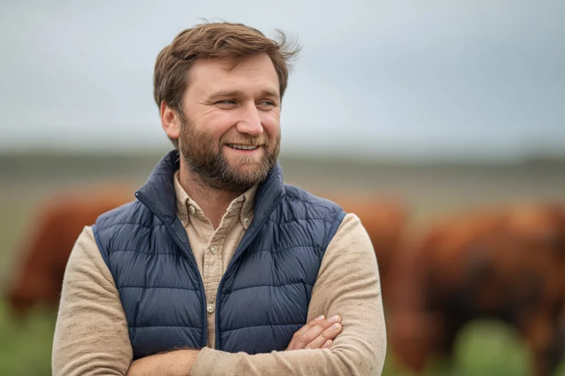 Bearded man with arms crossed smiling in a cattle pasture