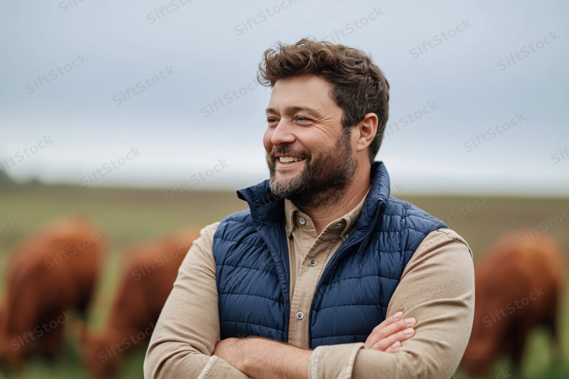 Bearded man smiling with arms crossed in a cattle pasture