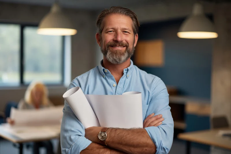 Bearded middle-aged architect smiling with arms crossed holding blueprints in modern office