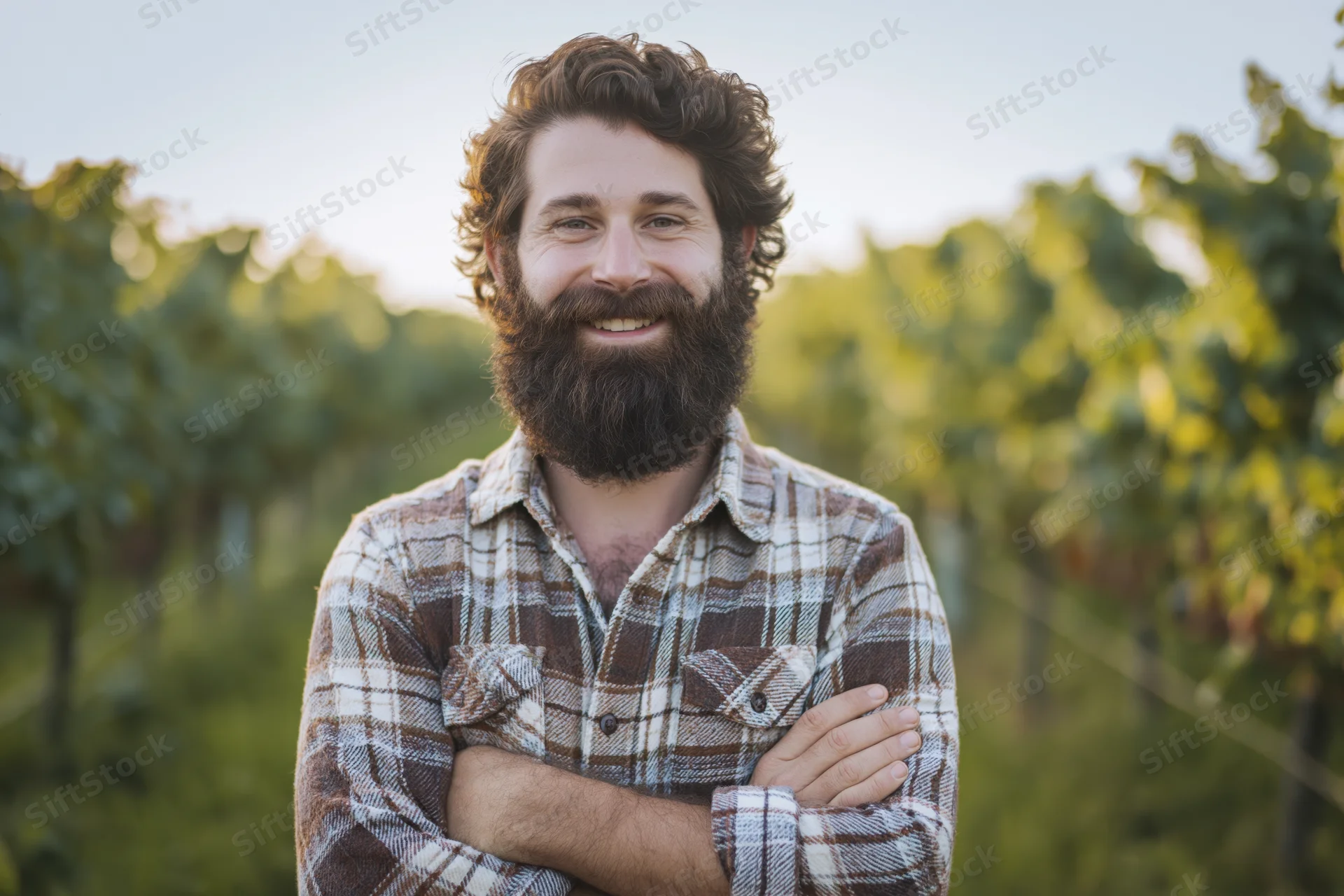 Bearded young man smiling with arms crossed in a vineyard