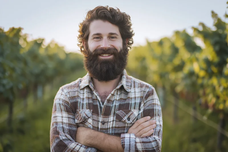 Bearded young man smiling with arms crossed in a vineyard