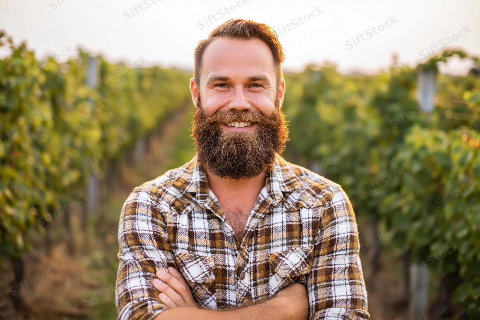 Bearded young man smiling with arms crossed in a vineyard