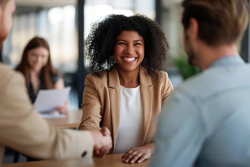 Black businesswoman smiling while shaking hands with a colleague at a desk in an office meeting