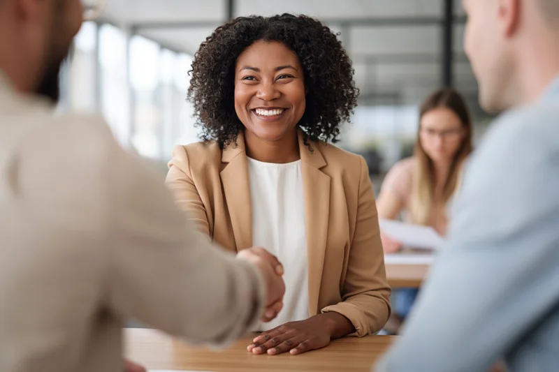 Black businesswoman smiling while shaking hands across a desk in an office meeting
