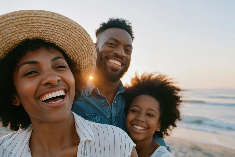 Black family of three smiling together on beach at sunset