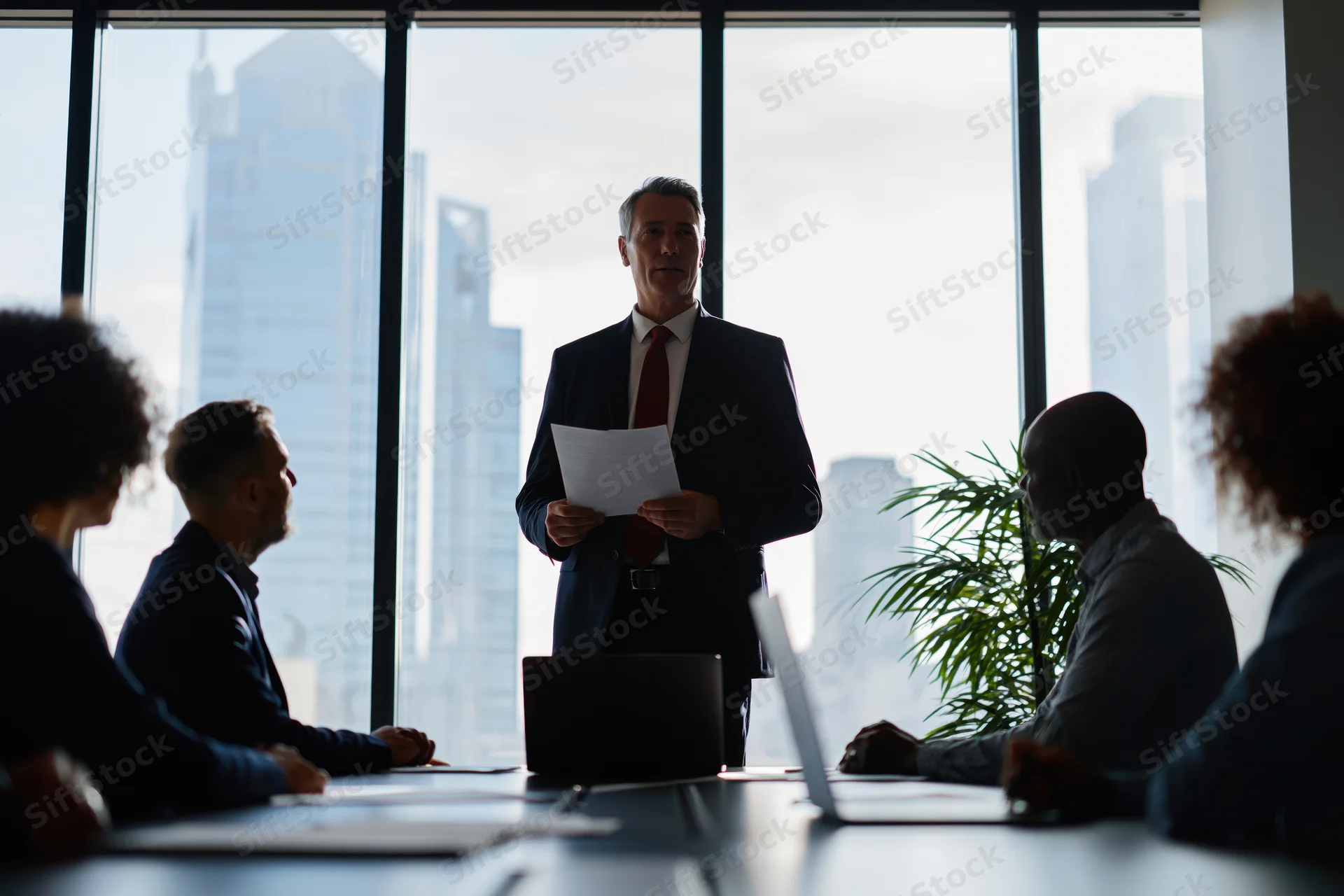 Businessman in dark suit and red tie presenting to team in modern office boardroom with city skyline view