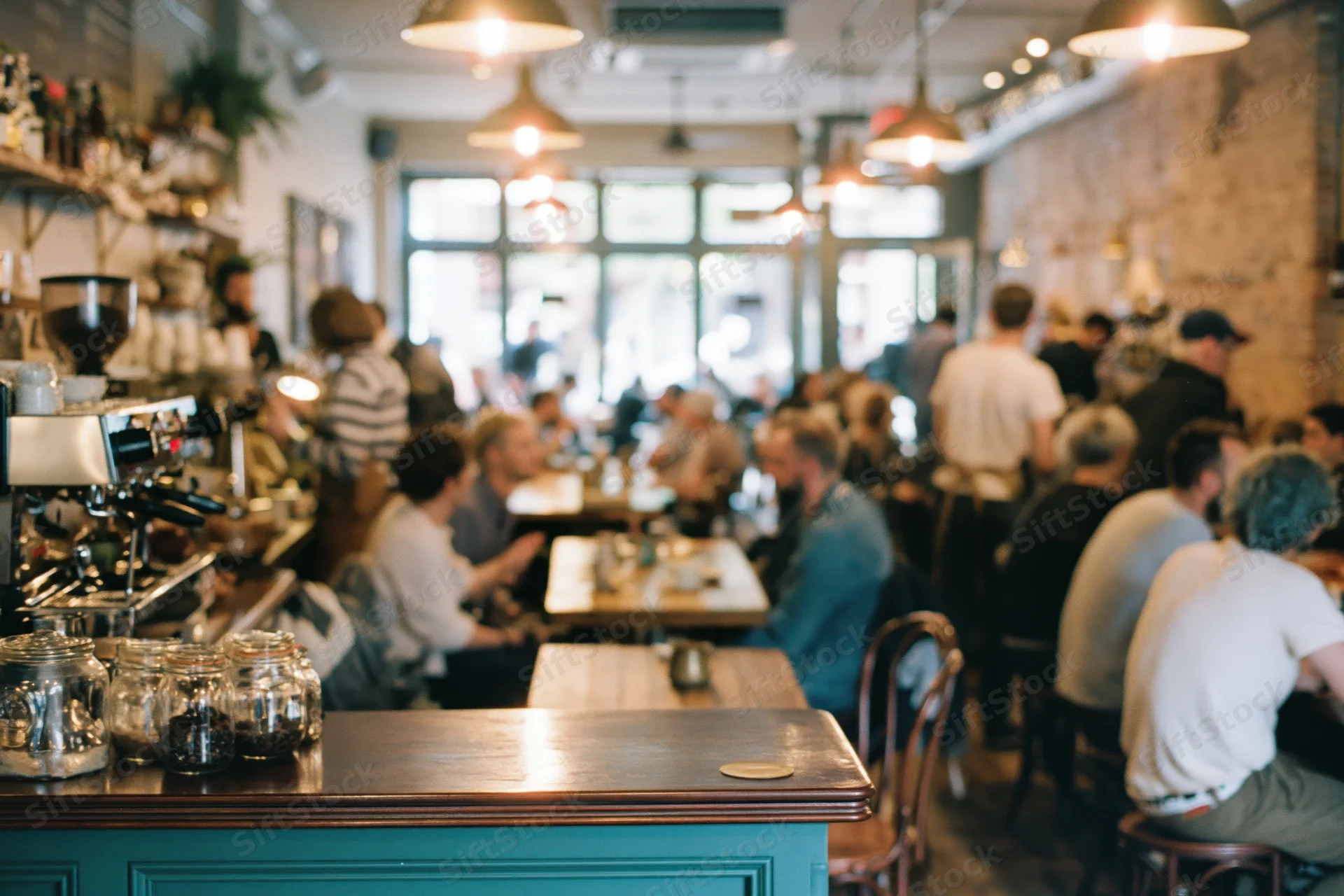 Busy coffee shop interior with customers seated at wooden tables and barista working at counter during midday
