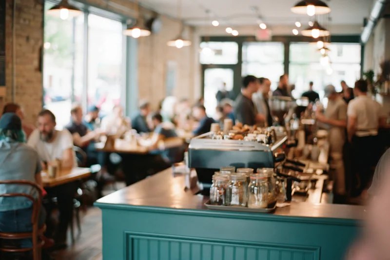 Busy coffee shop interior with customers at tables and baristas at counter during midday