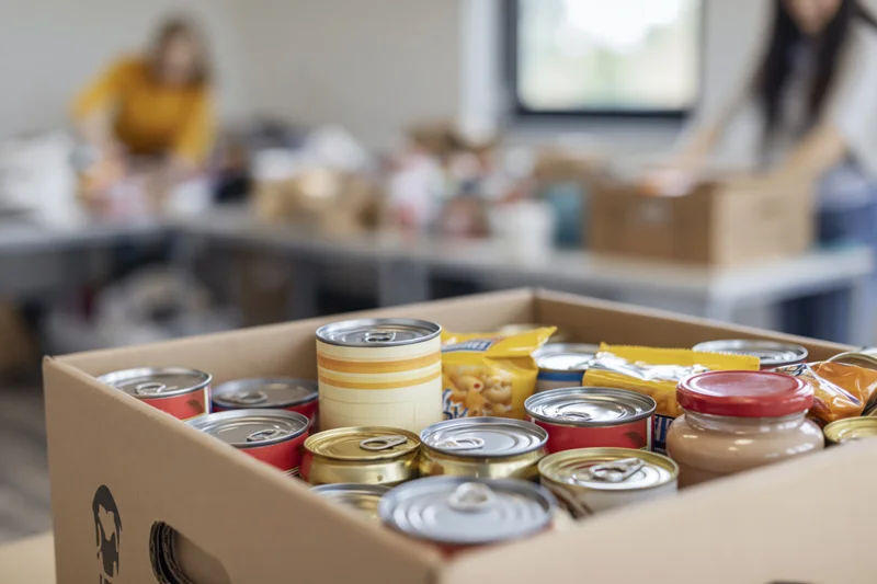 Cardboard box filled with canned food and jars in a donation center with volunteers working in the background
