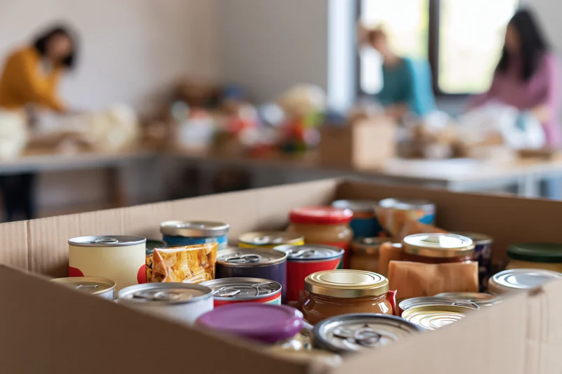 Cardboard box filled with canned goods and jars in foreground with volunteers sorting food in background