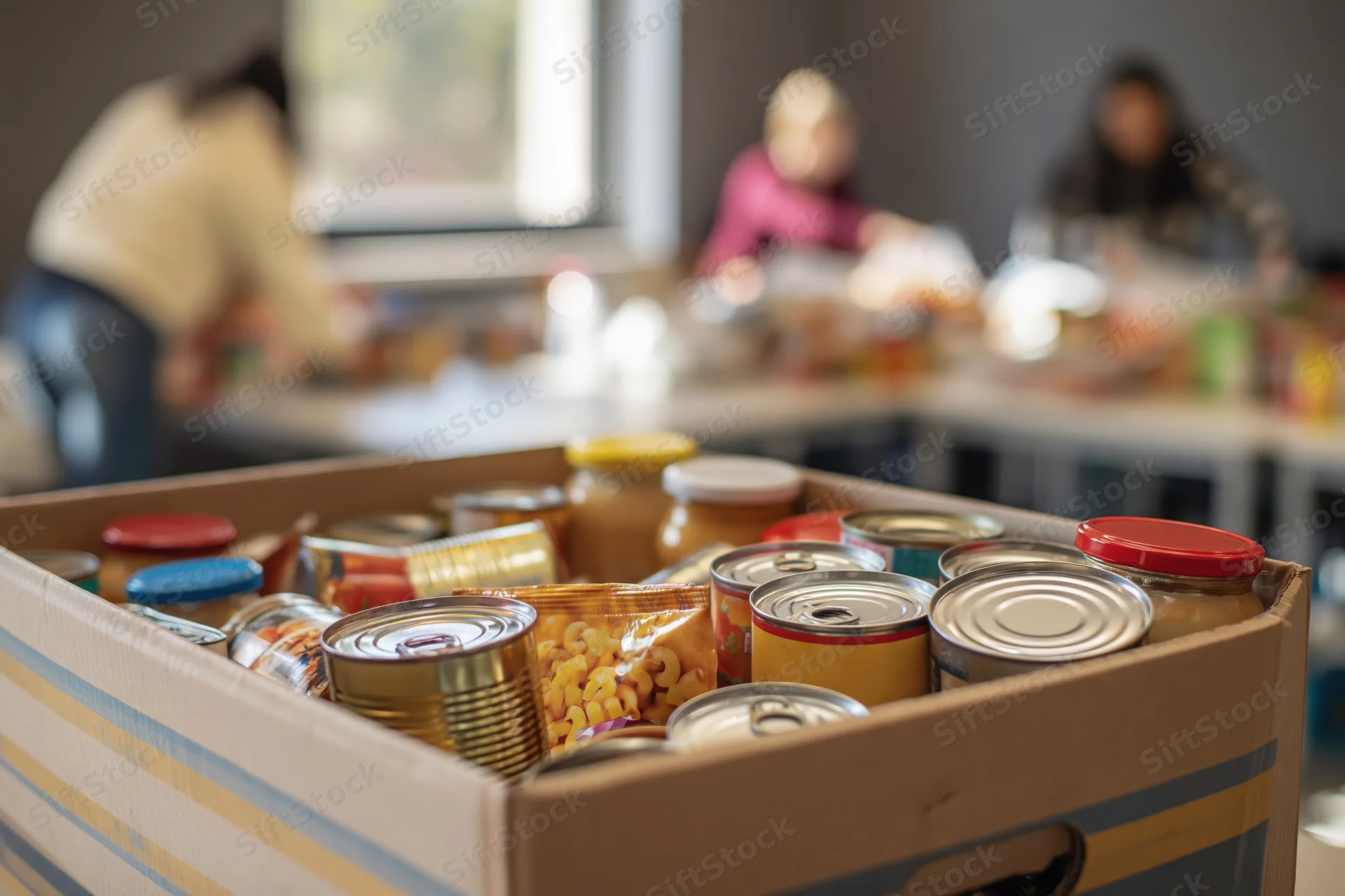 Cardboard donation box filled with assorted canned goods in a community kitchen with volunteers working in the background