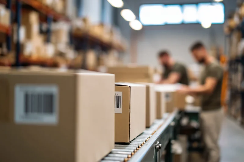 Cardboard boxes moving on conveyor belt in warehouse with workers in background