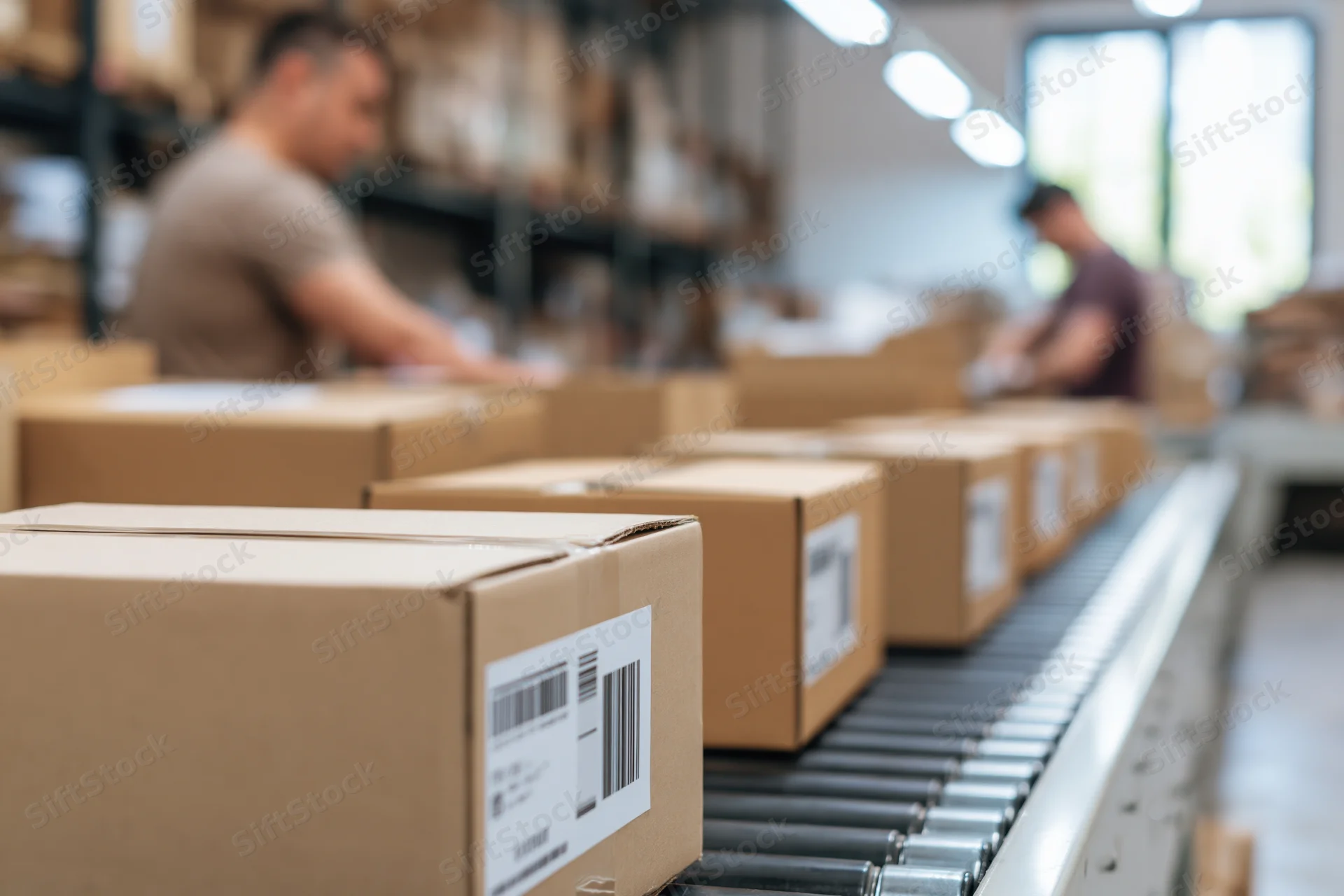 Cardboard boxes moving on conveyor belt in warehouse with workers handling packages in background