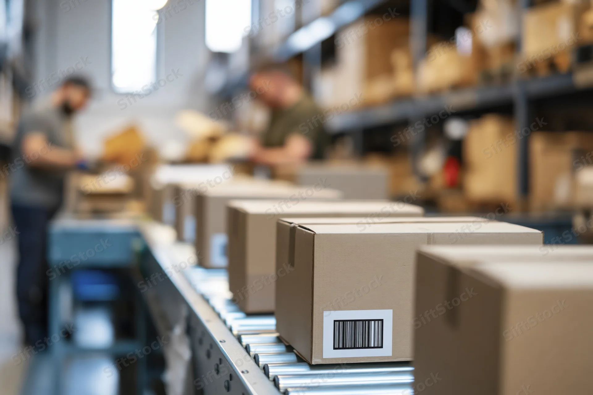 Cardboard boxes moving on conveyor belt in warehouse with workers in background
