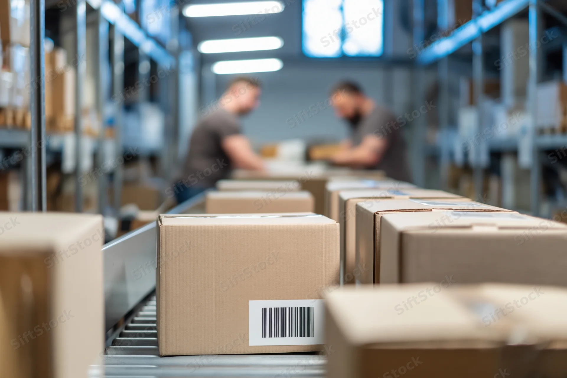 Cardboard boxes moving on conveyor belt in warehouse with workers in background
