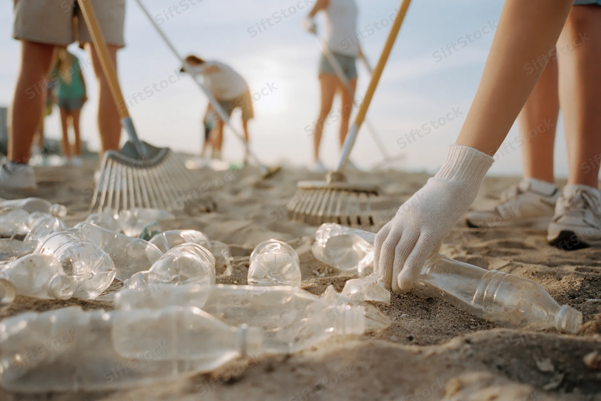 Volunteer's gloved hand picking up plastic bottles on sandy beach during cleanup event