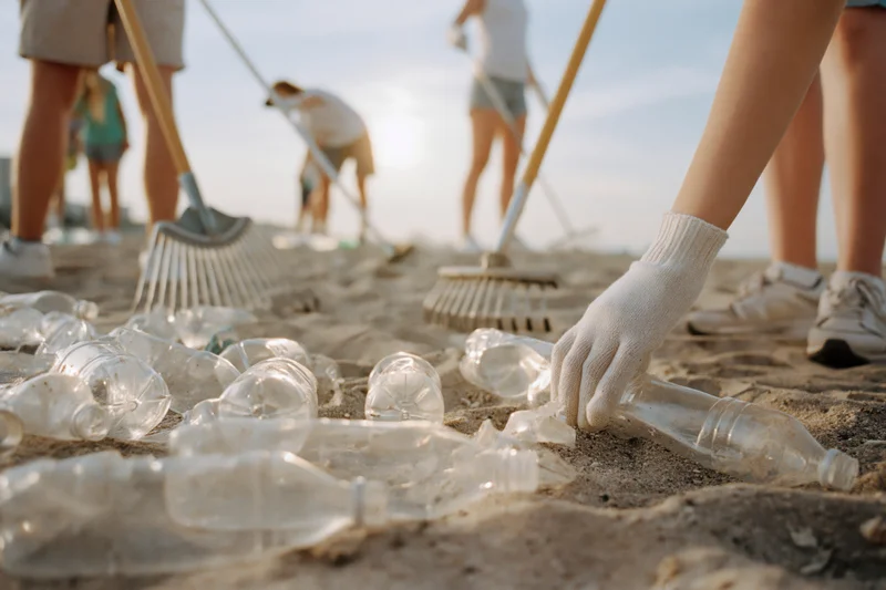 Volunteer's gloved hand picking up plastic bottles on sandy beach during cleanup event