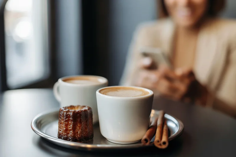 Two white latte cups and a canele pastry on a dark cafe table with a woman using a smartphone in the background