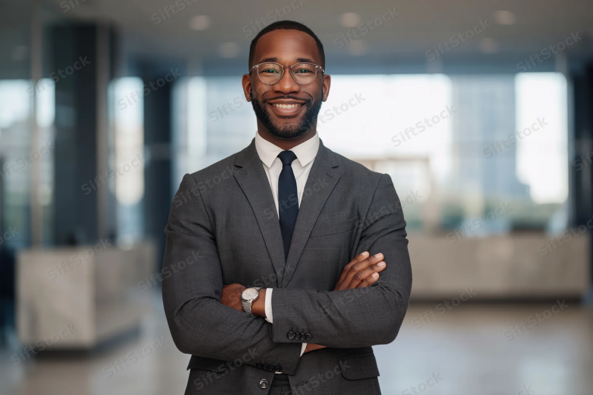 Confident black businessman in suit with arms crossed standing in modern office lobby