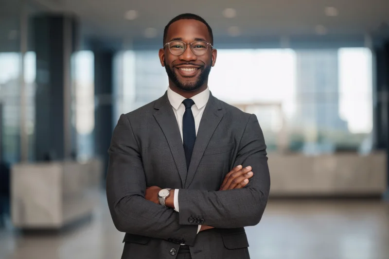 Confident black businessman in suit with arms crossed standing in modern office lobby